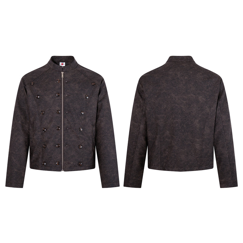 Double-Breasted PU Leather Moto Jacket – Vintage Napoleon Style