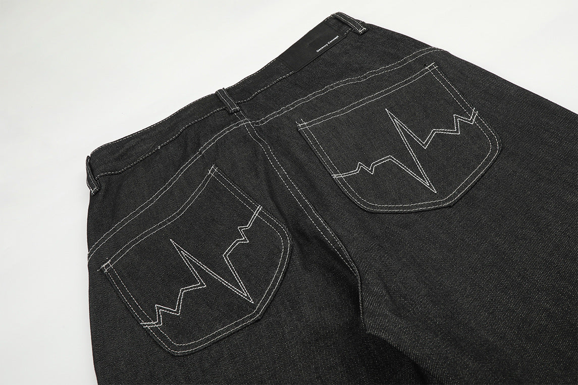 Wide-Leg Baggy Jeans – Skeleton Horse & Sun Embroidery, Dark Wash Black Denim