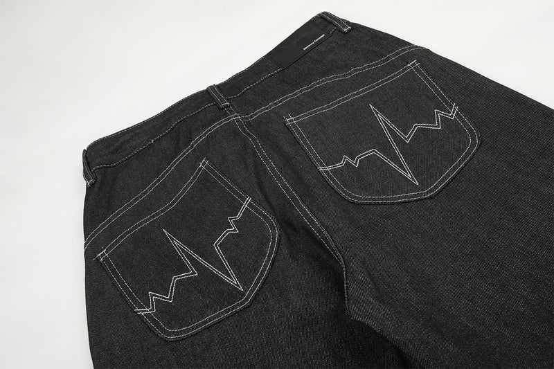 Wide-Leg Baggy Jeans – Skeleton Horse & Sun Embroidery, Dark Wash Black Denim