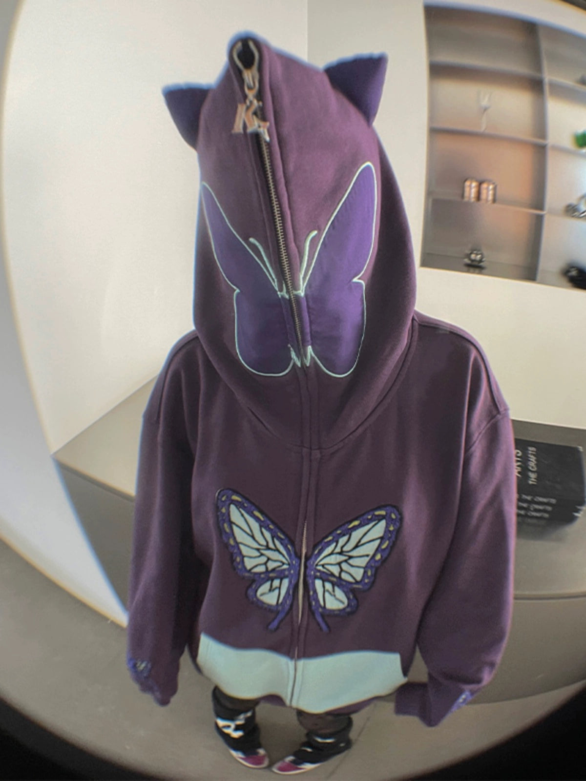 Butterfly Hoodie - 400GSM Oversized Purple and Mint Green Zip-Up Sweatshirt with Ear Design