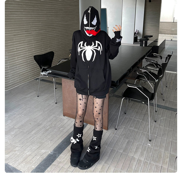 Venom-Inspired Hoodie with Signature Tongue and Spider Logo Design