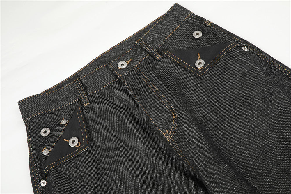 Raw Denim Cargo Wide-Leg Jeans – Multi-Pocket Straight Fit