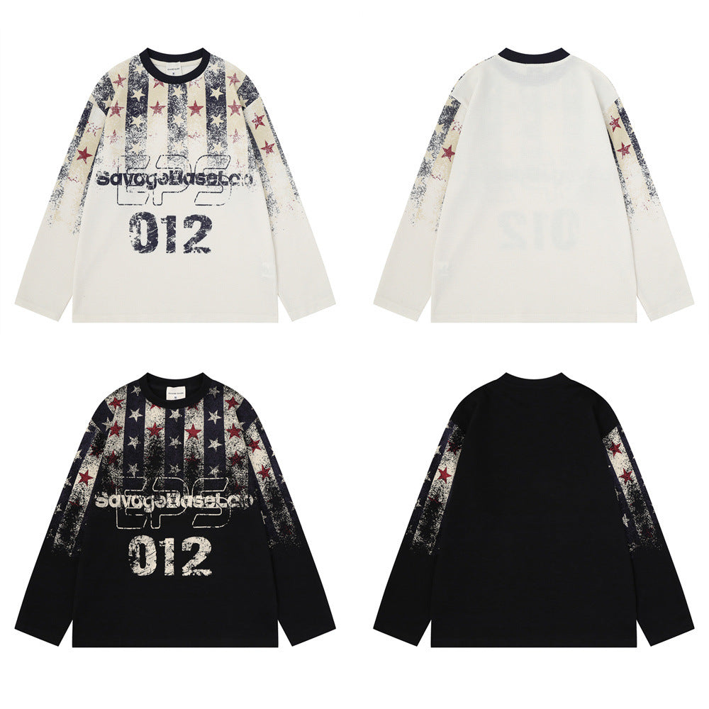 Long Sleeve Waffle-Knit Graphic Tee – Distressed Star & Stripe Print, Oversized