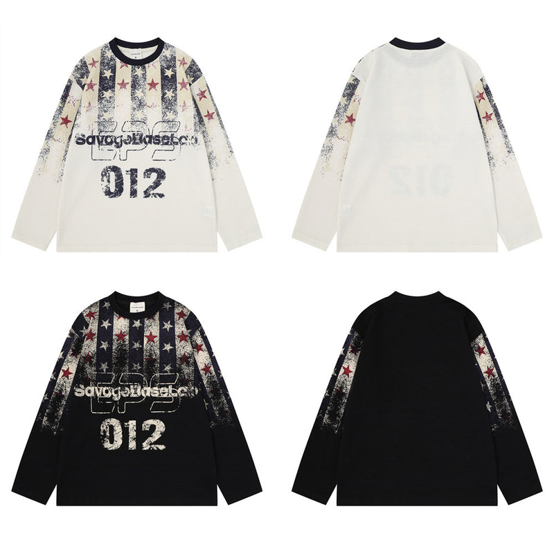 Long Sleeve Waffle-Knit Graphic Tee – Distressed Star & Stripe Print, Oversized