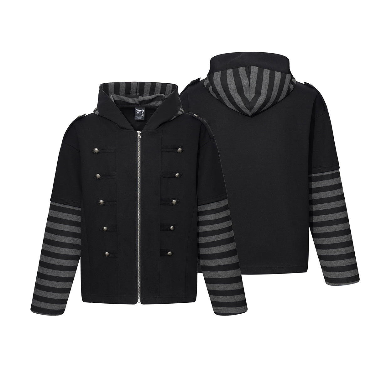 Military Napoleon Zip-Up Hoodie – Black with Grey Striped Sleeves & Faux