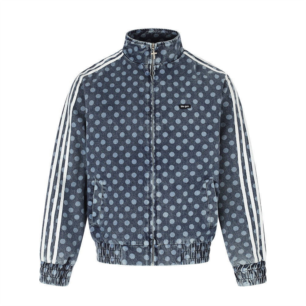 Men's Polka Dot Denim Track Jacket – Stand Collar Full-Zip Retro Streetwear