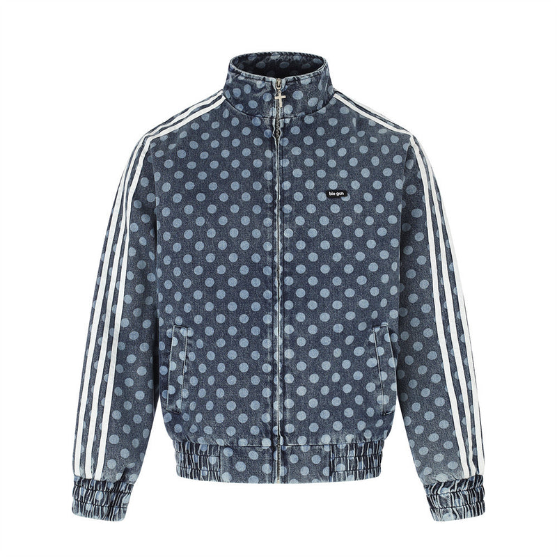 Men's Polka Dot Denim Track Jacket – Stand Collar Full-Zip Retro Streetwear