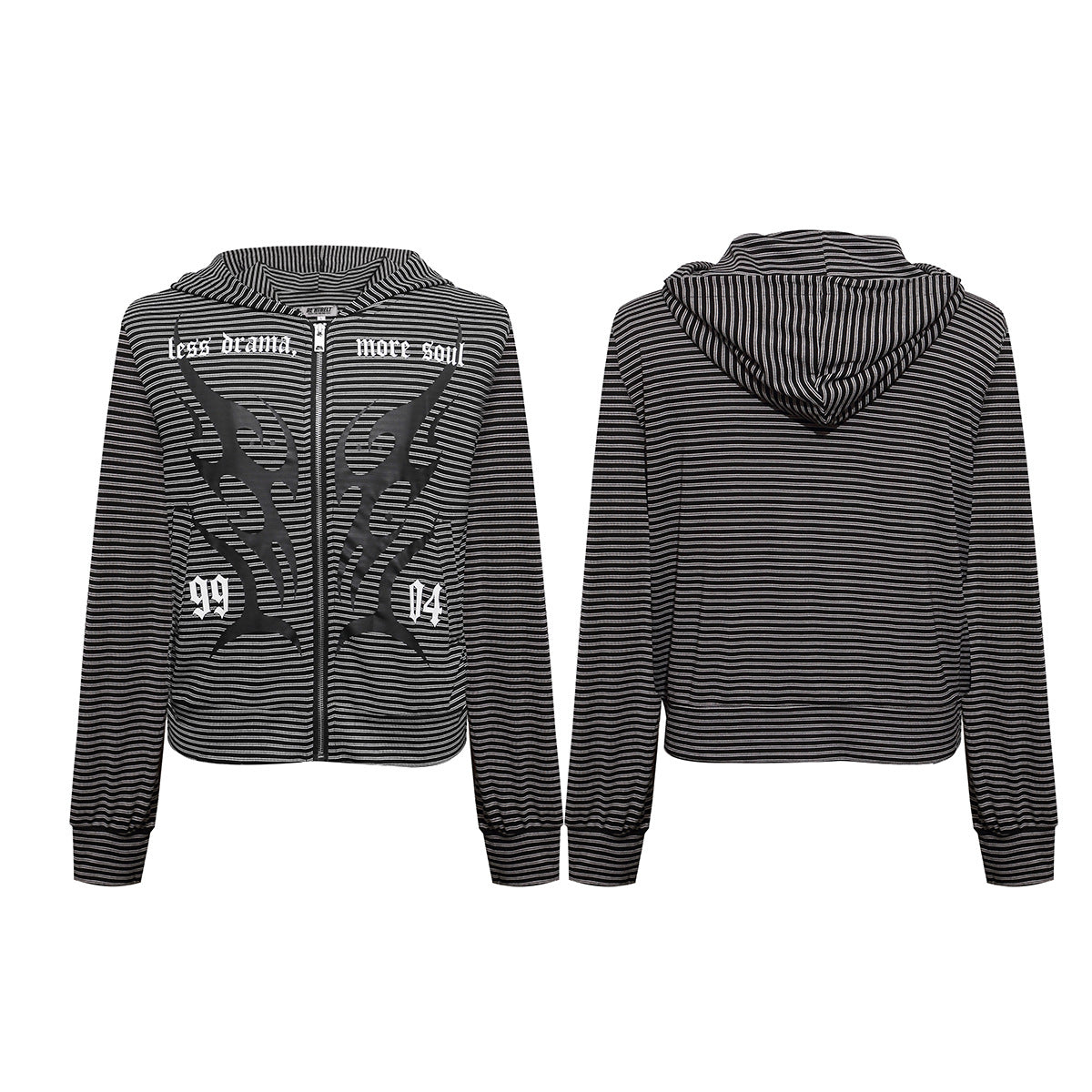 Thin Zip-Up Hoodie Gothic Stripe Black & Grey Cropped Cardigan