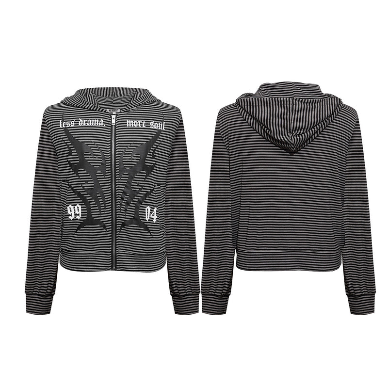 Thin Zip-Up Hoodie Gothic Stripe Black & Grey Cropped Cardigan