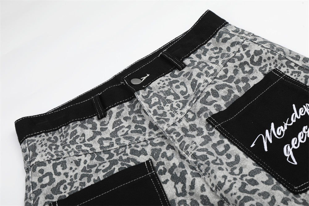 Leopard Print Wide-Leg Cargo Pants – Contrast Pocket Embroidered Streetwear Trou