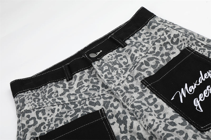 Leopard Print Wide-Leg Cargo Pants – Contrast Pocket Embroidered Streetwear Trou