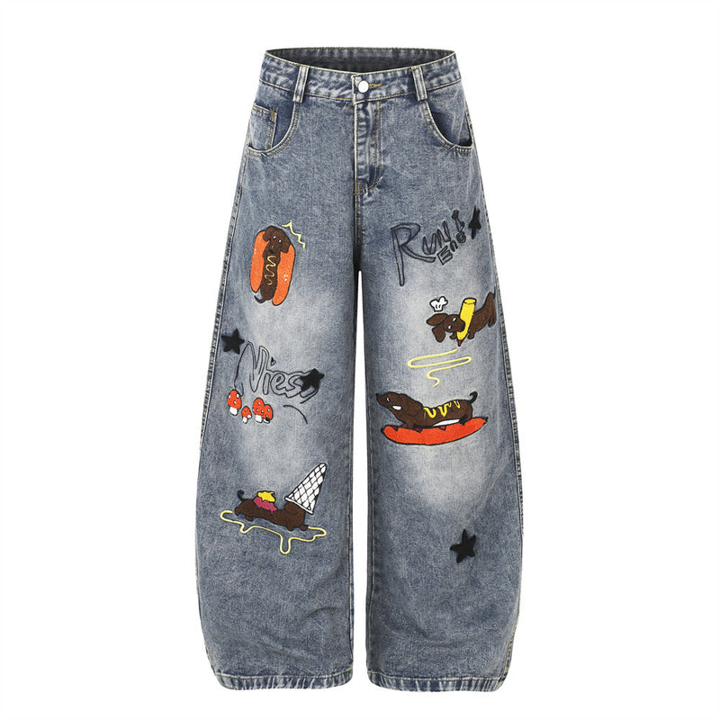 Cartoon Dachshund Embroidered Wide-Leg Jeans – Men's Vintage Washed Curved Hem