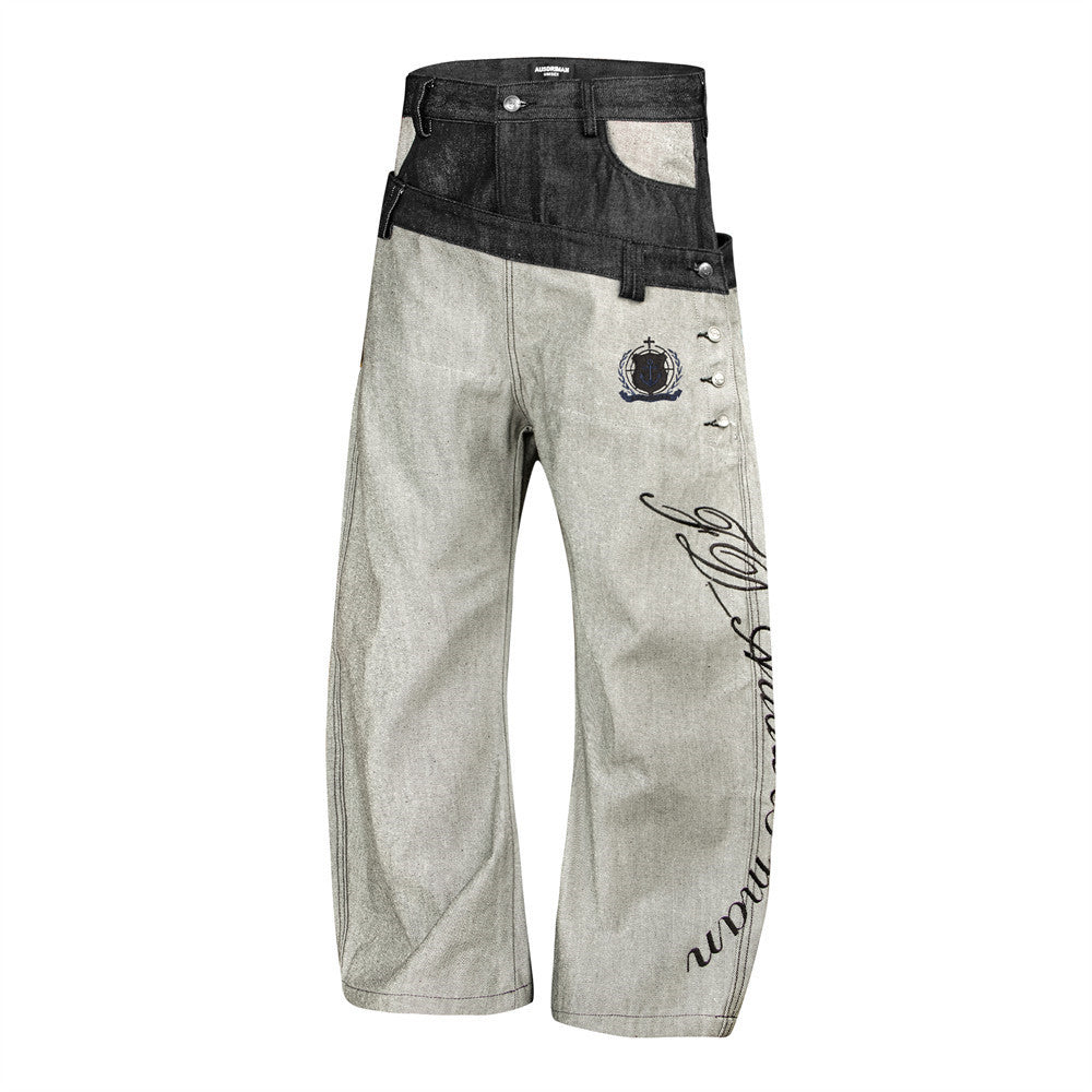 Wide-Leg-Jeans mit zweifarbigem Doppelbund – Script-Stickerei und geschwungener Saum