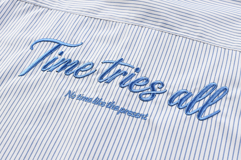 Men's Vertical Stripe Oversized Long-Sleeve Shirt with Embroidered Script