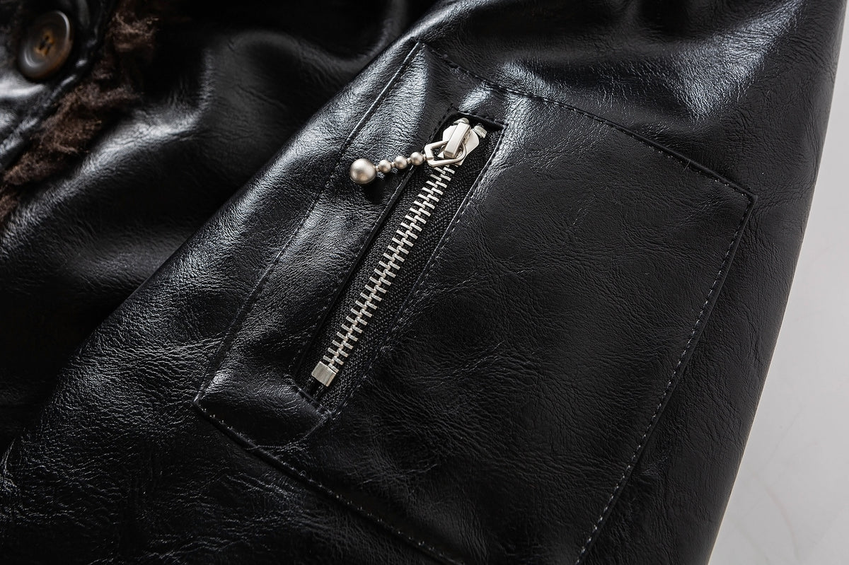 Men's Faux Shearling Collar Leather Bomber Jacket – Oversized Black Winter