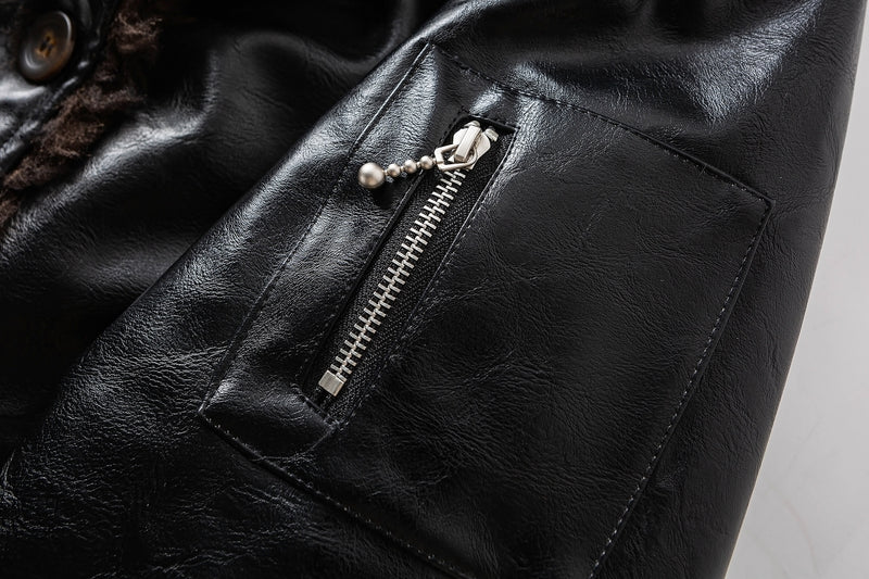 Men's Faux Shearling Collar Leather Bomber Jacket – Oversized Black Winter