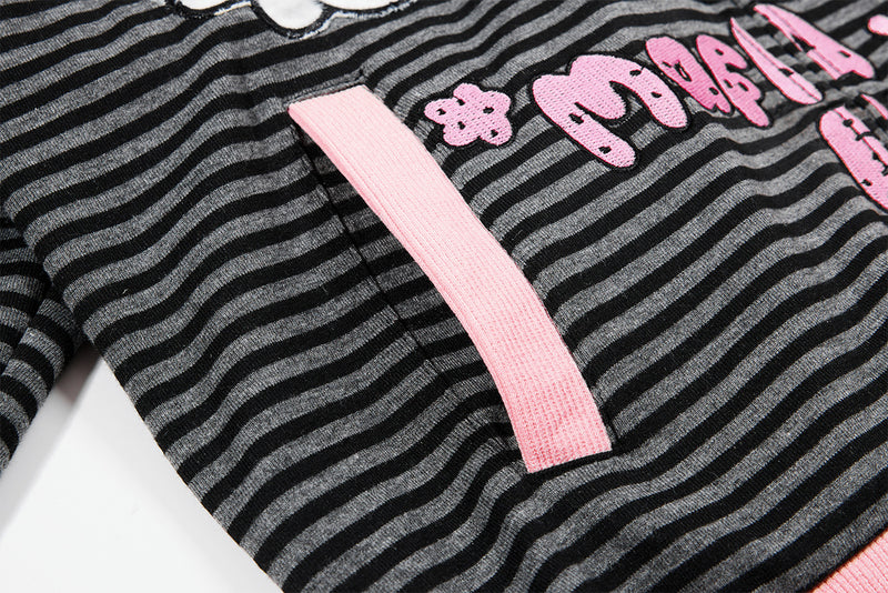 Hoodie zippé graphique Anime Angel – Rayures noires et finitions roses