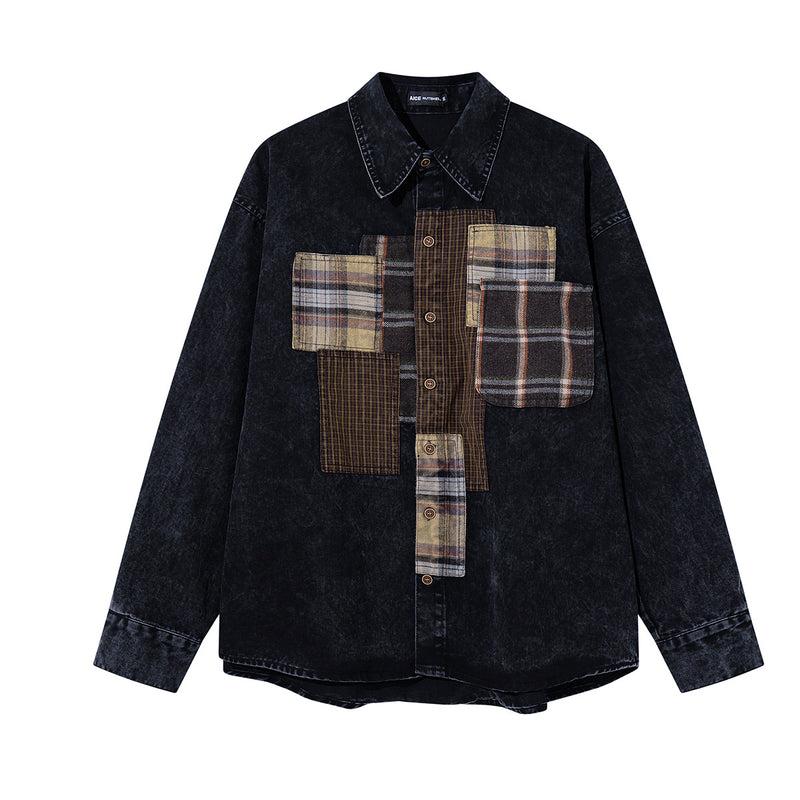 Patchwork Plaid Washed Denim Shirt – Oversized Vintage Nomad Style