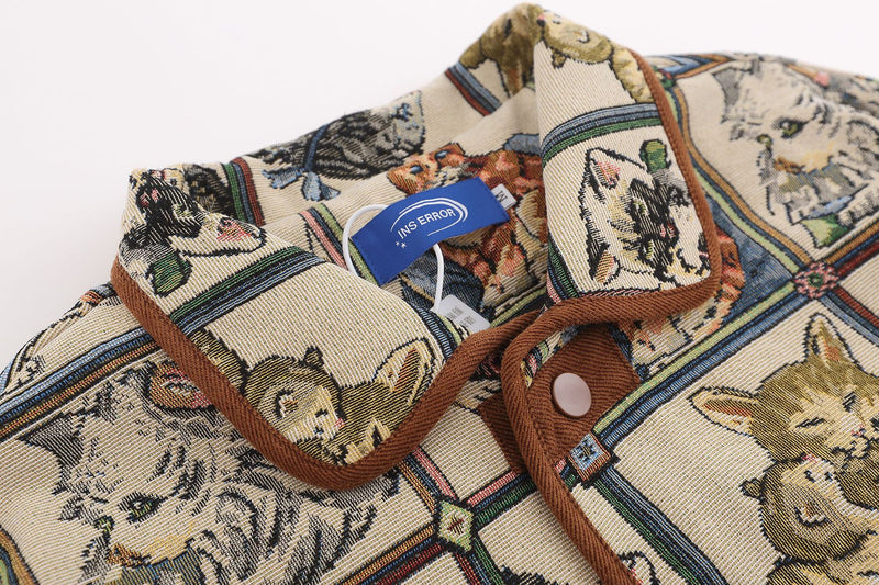 Vintage Cat Jacquard Tapestry Jacket – Retro American Cartoon Print Outerwear
