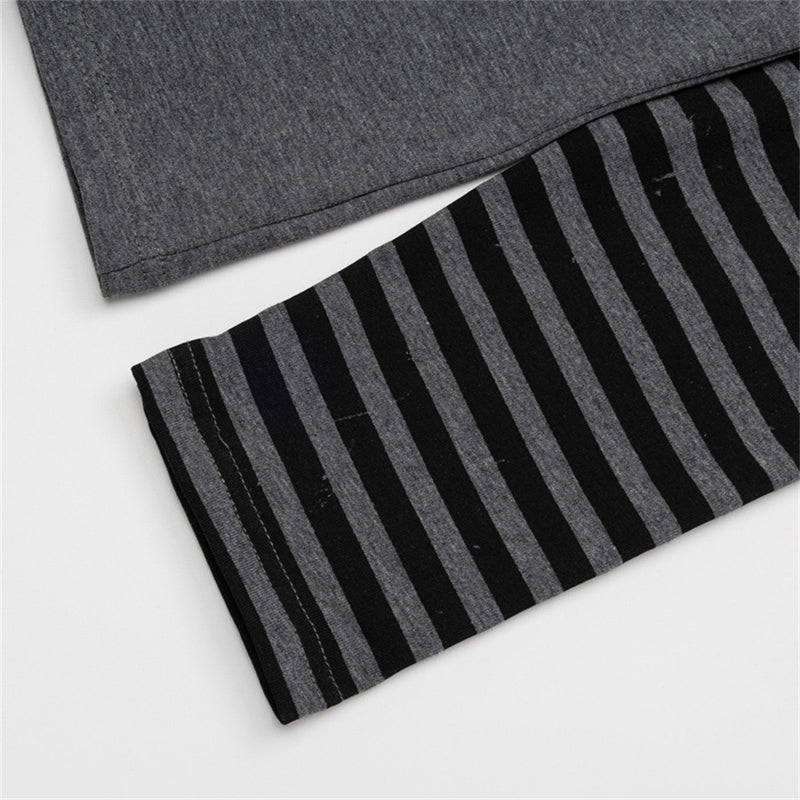 Men's Gothic Letter Print Long-Sleeve Tee with Striped Sleeve Splice
