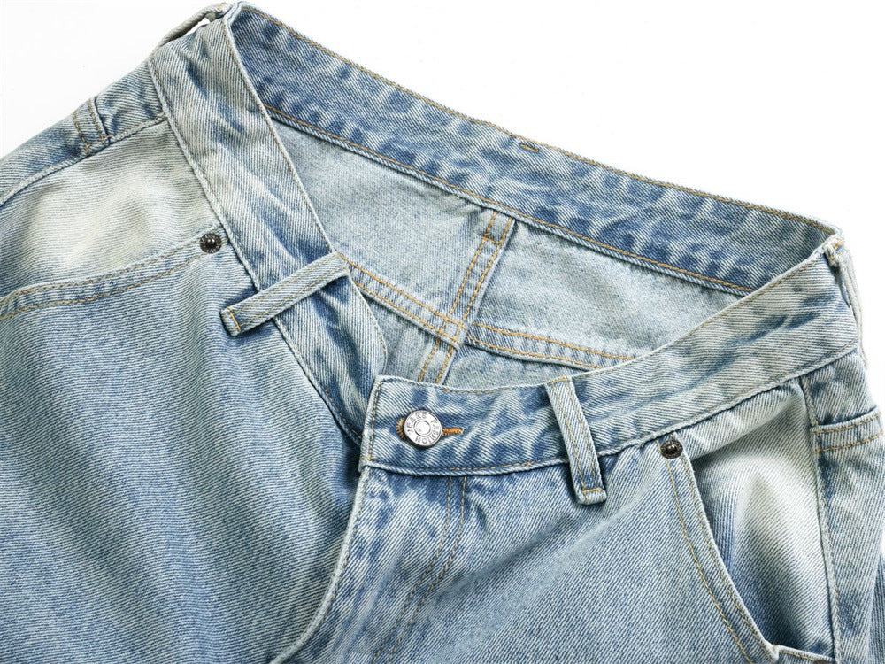 Wide-Leg Baggy Jeans – Men's Vintage Washed Light Blue Curved Hem Denim