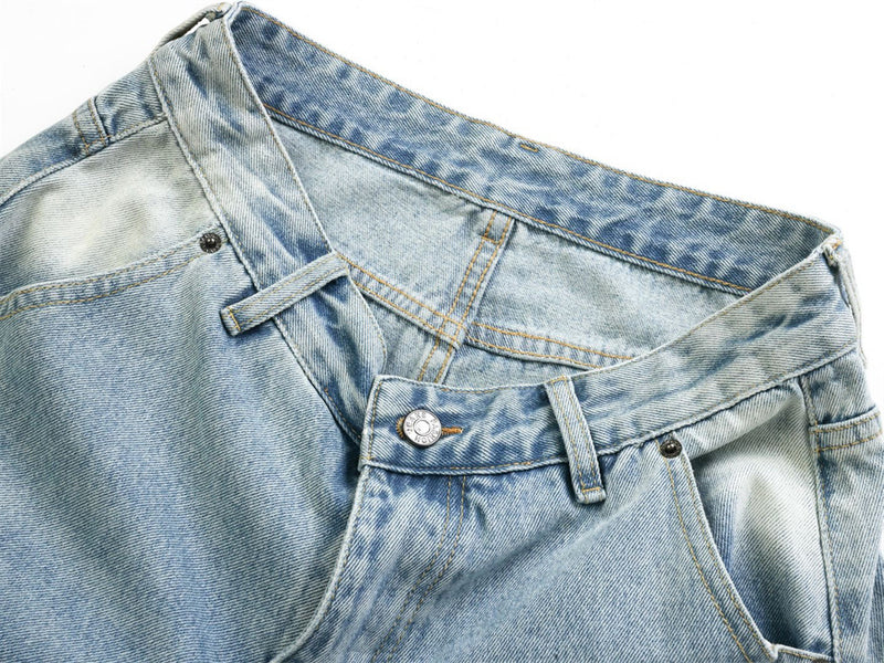 Wide-Leg Baggy Jeans – Men's Vintage Washed Light Blue Curved Hem Denim