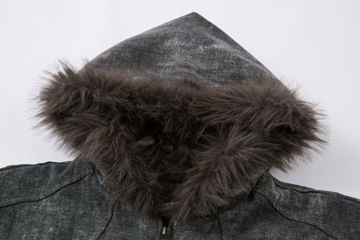 Washed Denim Bomber Jacket with Faux Fur Hood – Vintage American Style