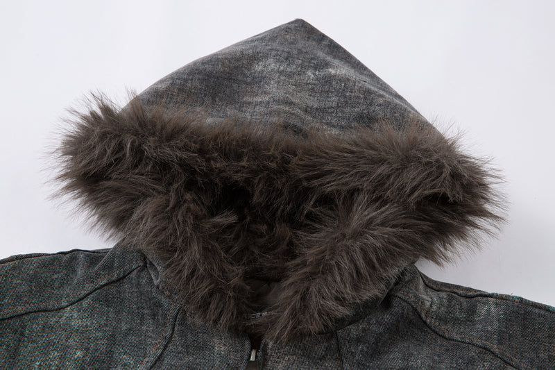 Washed Denim Bomber Jacket with Faux Fur Hood – Vintage American Style