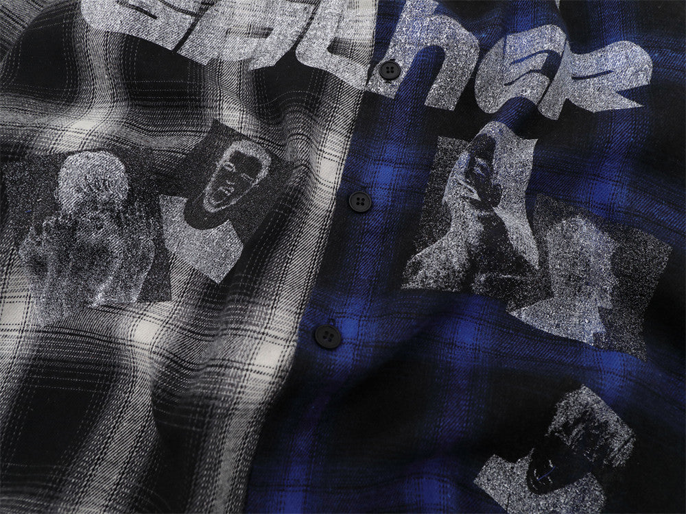 Close-up of Gather print and collage-style graphic patches on blue and white plaid shirt
