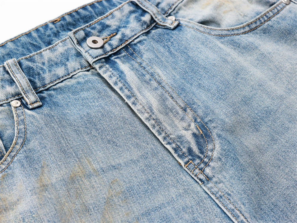 Ripped Wide-Leg Jeans – Men's Mud-Dye Distressed Straight Denim