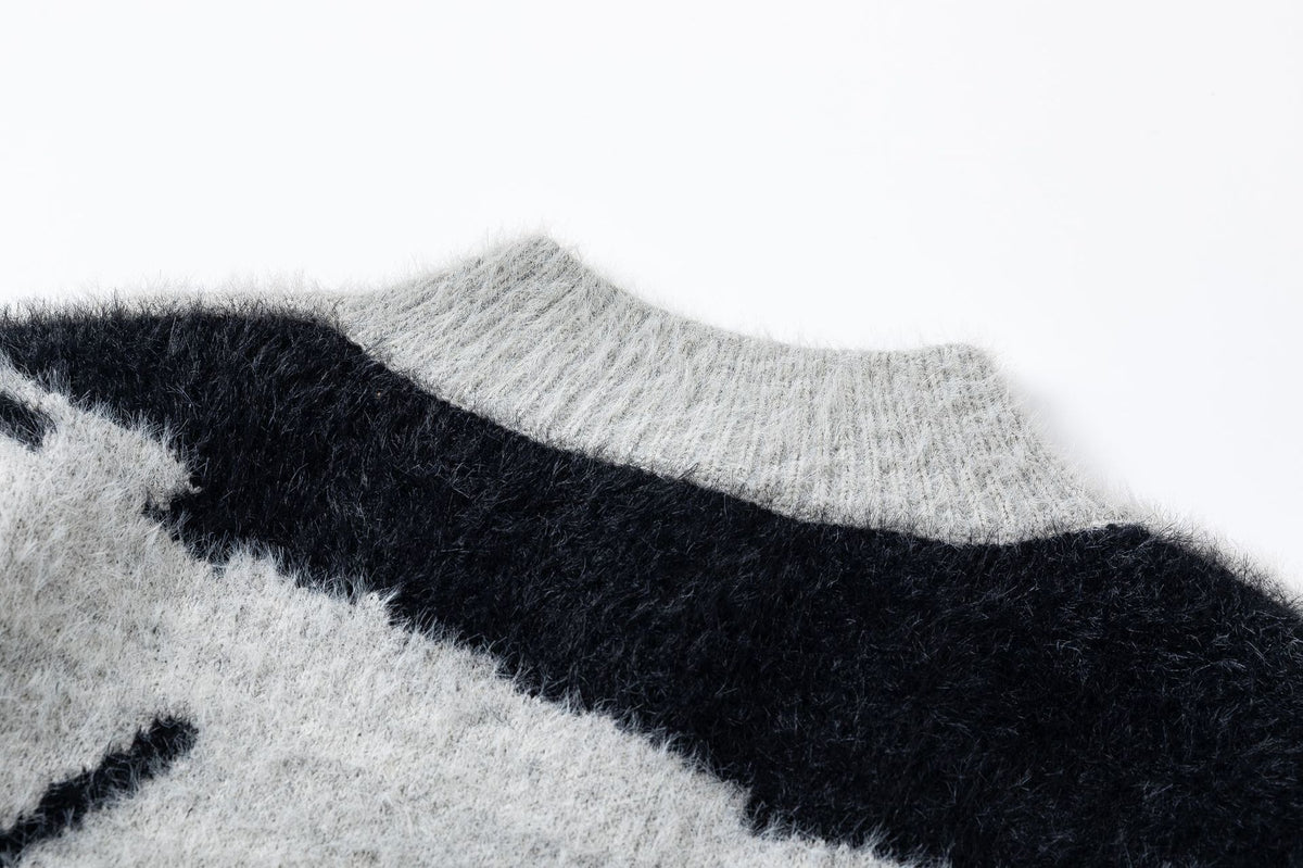 Veste-pull zippée en maille à imprimé abstrait – cardigan gris effet fourrure