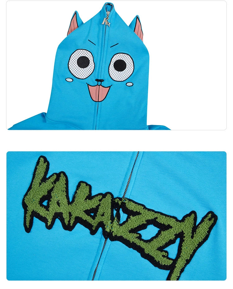 Anime Cat Hoodie - 400GSM Oversized Blue Zip-Up Kawaii Sweatshirt with Ears