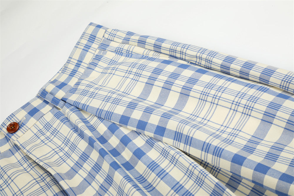 Wide-Leg Pleated Trousers in Blue Plaid Check