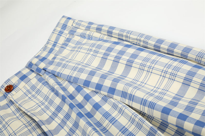Wide-Leg Pleated Trousers in Blue Plaid Check
