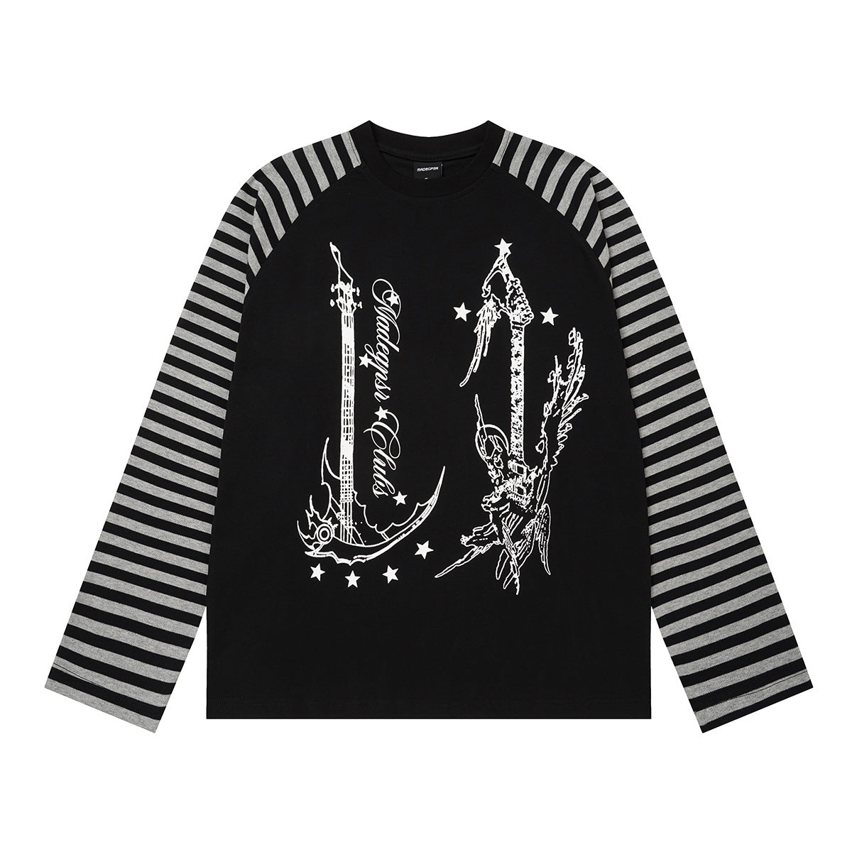 Schwarzes Raglan-Langarmshirt mit grau gestreiften Ärmeln und Anker-Gitarren-Print auf der Brust