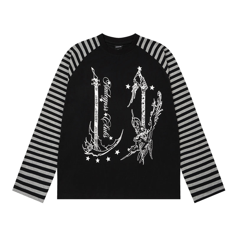 Schwarzes Raglan-Langarmshirt mit grau gestreiften Ärmeln und Anker-Gitarren-Print auf der Brust