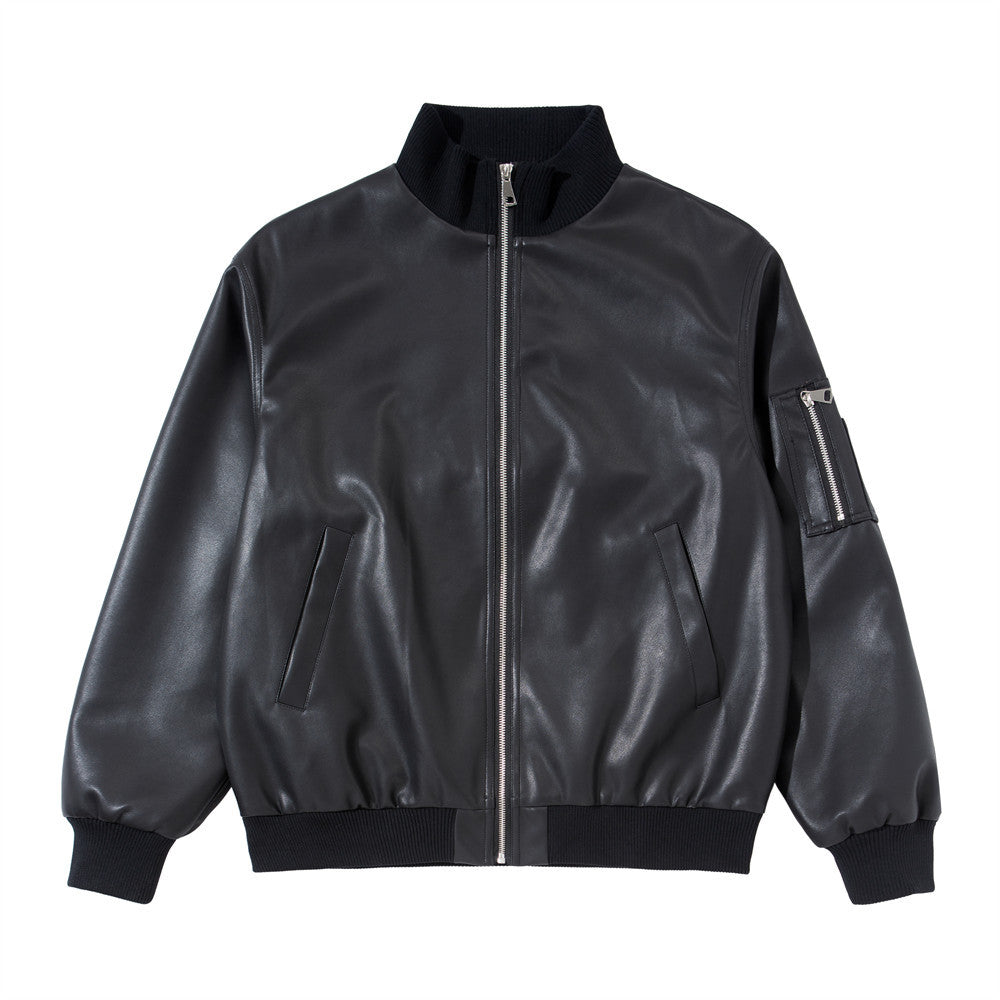 Men's oversized PU leather bomber jacket with ribbed stand collar and sleeve pocket in black