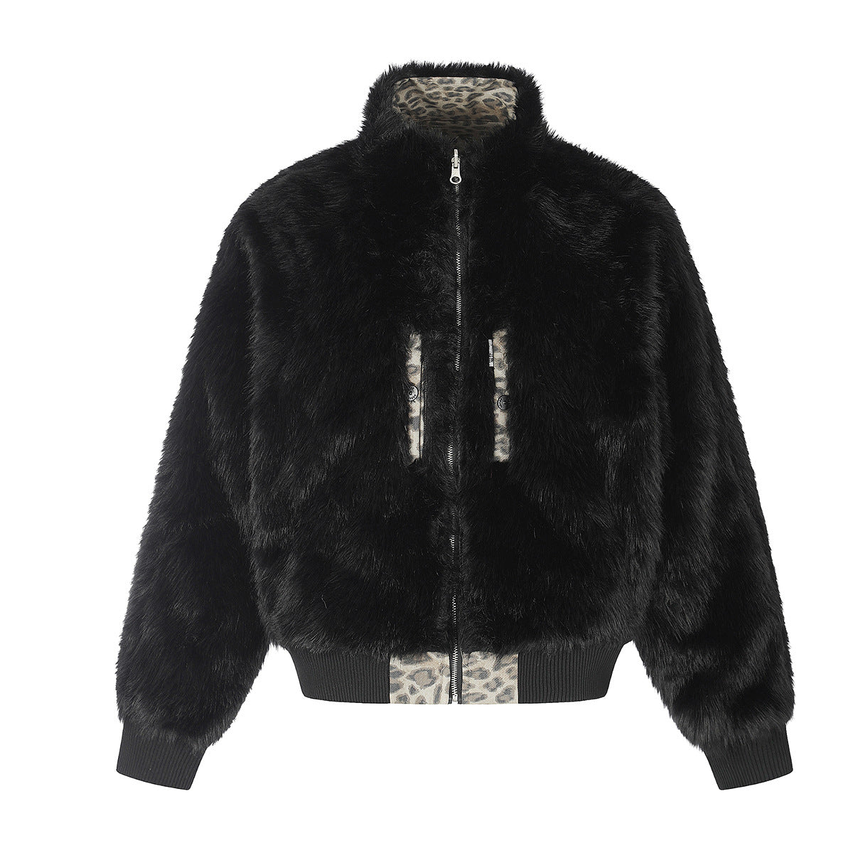 Reversible Faux Fur & Leopard Print Bomber Jacket – Oversized Retro American
