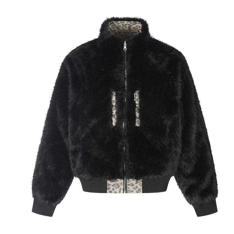 Reversible Faux Fur & Leopard Print Bomber Jacket – Oversized Retro American