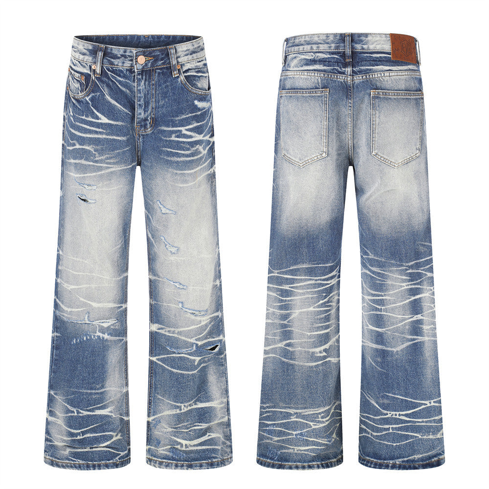 Wide-Leg Distressed Jeans – Lightning Wash Vintage Blue Straight-Fit Denim