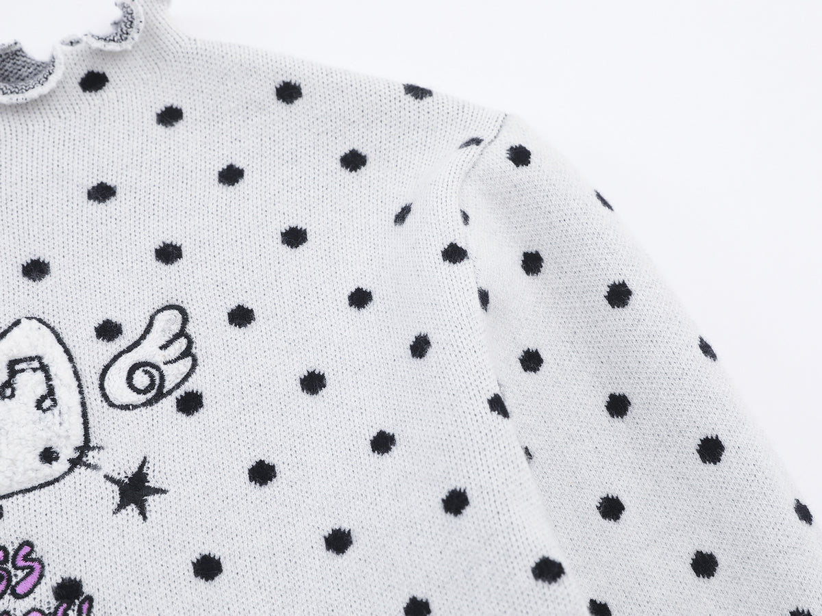 Polka Dot Mock Neck Knit Sweater Top with Cat Embroidery & Lettuce Hem
