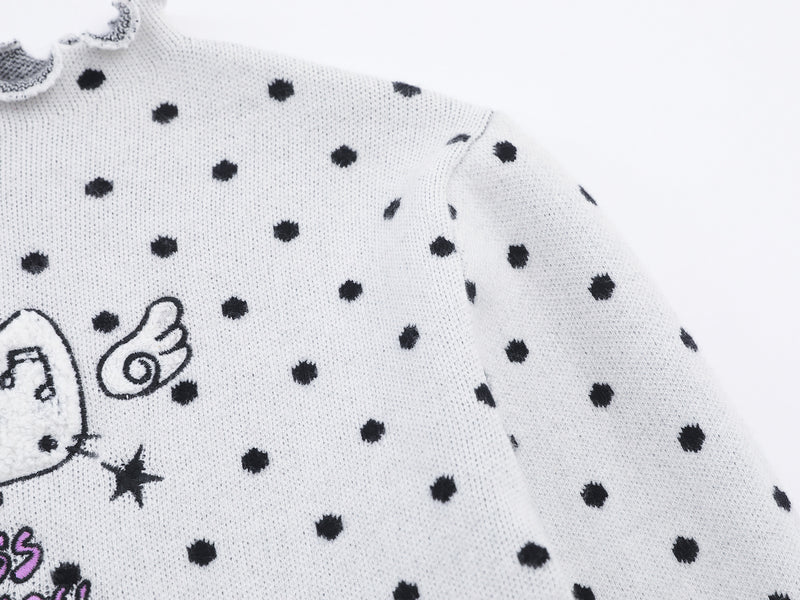 Polka Dot Mock Neck Knit Sweater Top with Cat Embroidery & Lettuce Hem