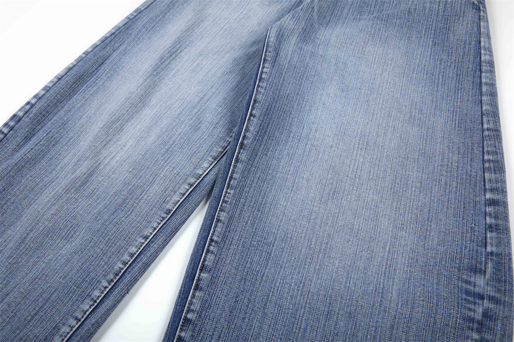Wide-Leg Jeans Men's Washed Denim with Tribal Wing Graphic Print