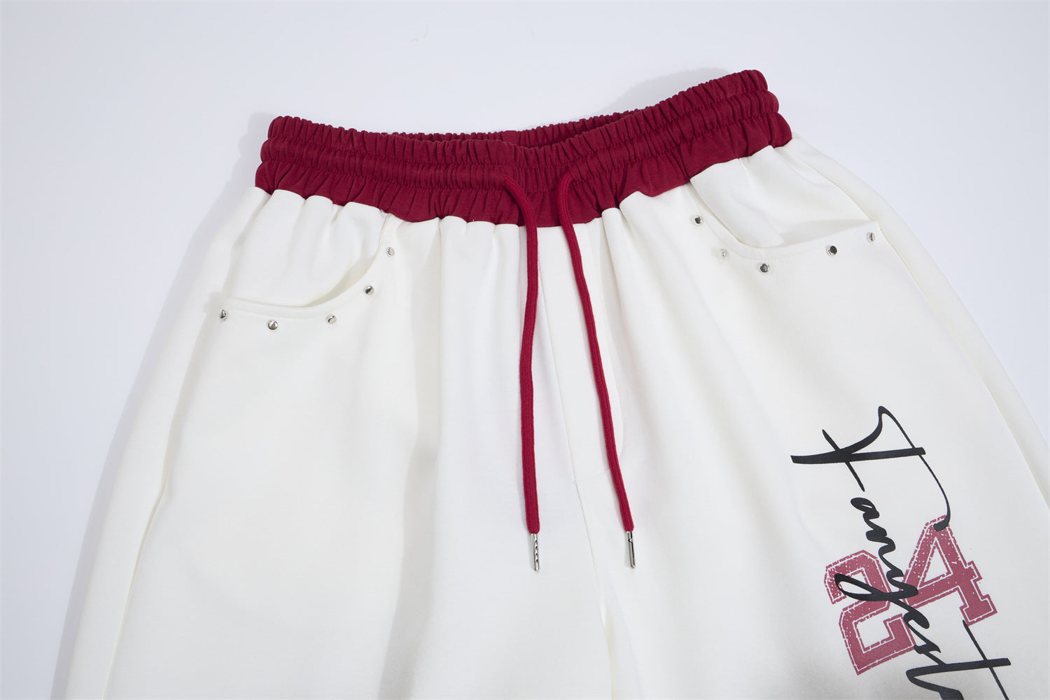 Wide Leg Acid Wash Sweatpants with Contrast Red Waistband & Graphic Print