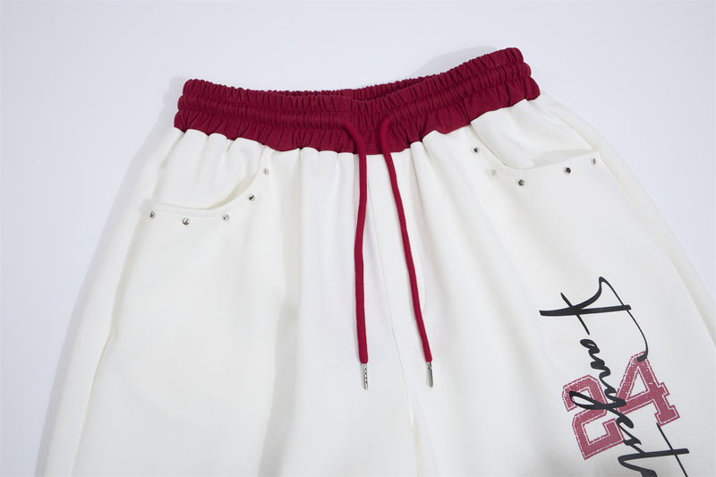 Wide Leg Acid Wash Sweatpants with Contrast Red Waistband & Graphic Print