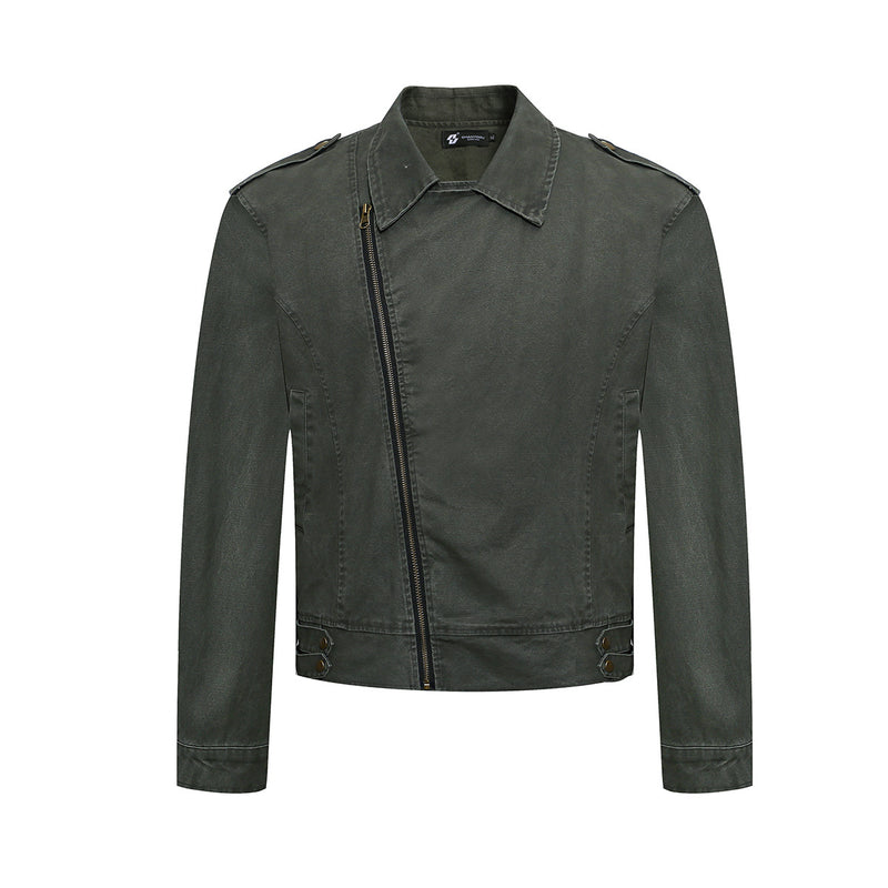 Men's Washed Asymmetric-Zip Moto Jacket with Epaulettes