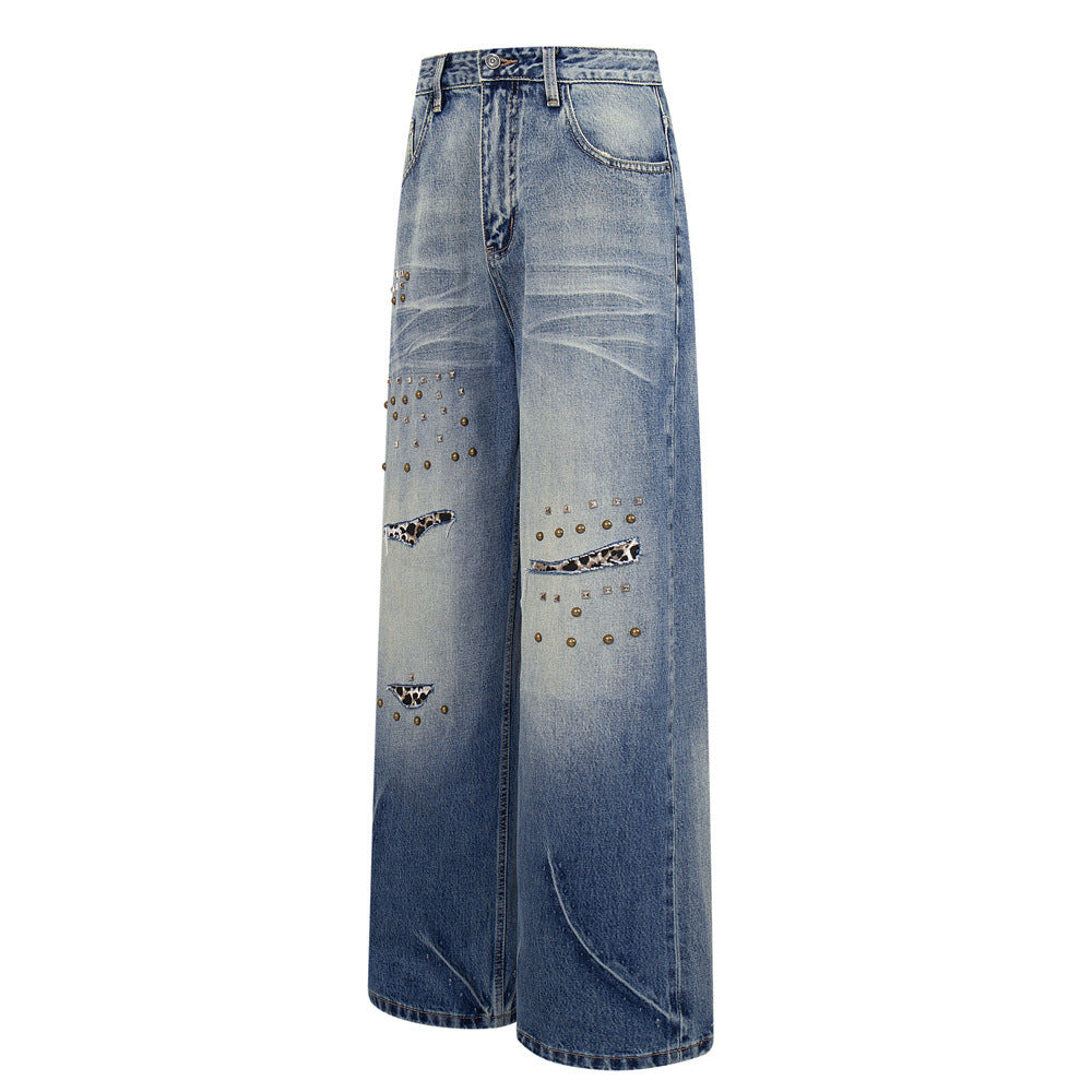 Wide-Leg Distressed Jeans with Studs & Leopard Patches — Men's American Street