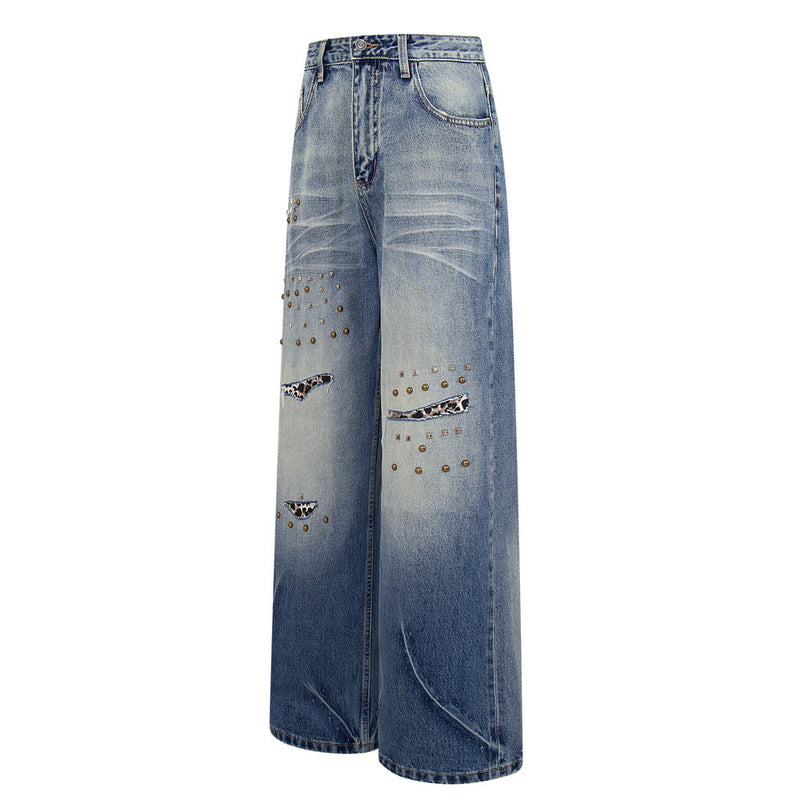 Wide-Leg Distressed Jeans with Studs & Leopard Patches — Men's American Street