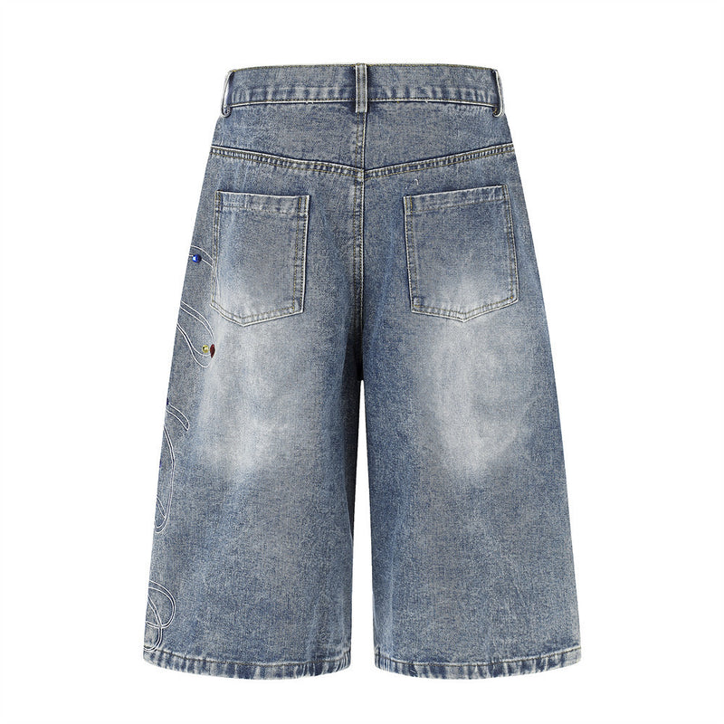 Men's Wide Leg Denim Shorts with Rhinestone Script Embroidery