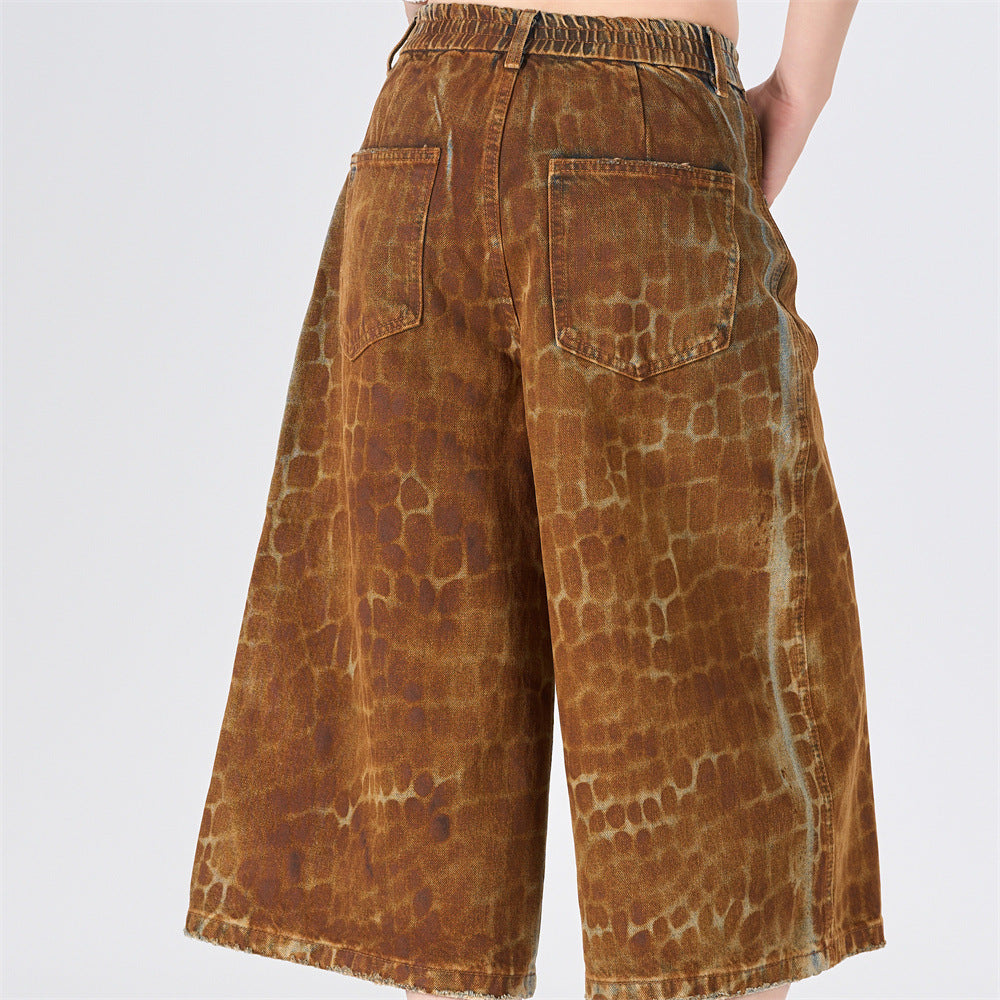 Leopard Print Wide-Leg Denim Shorts – Washed Rust Brown Animal Print